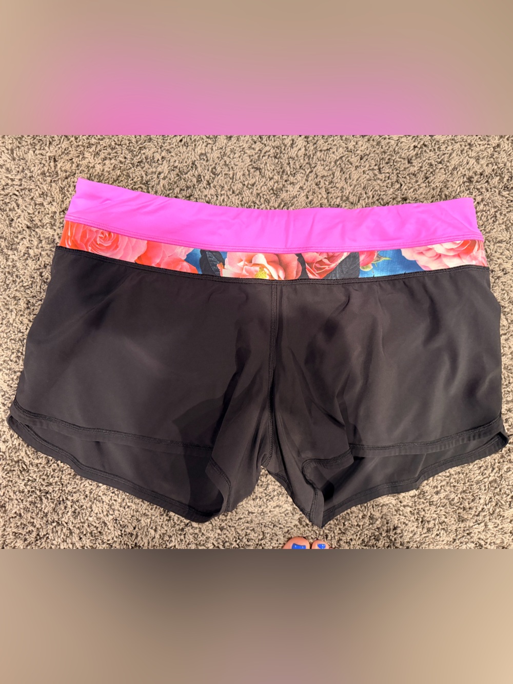 lululemon athletica Black Athletic Shorts with Pink Floral Waistband